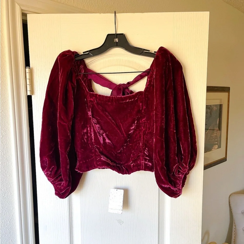 Free People Marie Velvet Open Back Crop Top‎ Balloon Sleeves Red Small NWT